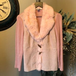 Nygard pink Suede with fur trimmed sweater jacket